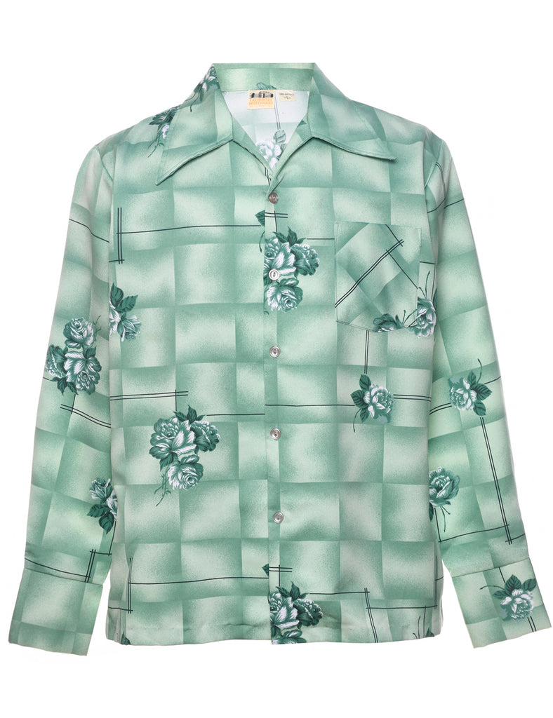 1970s Floral Green Dagger Collar Shirt - L