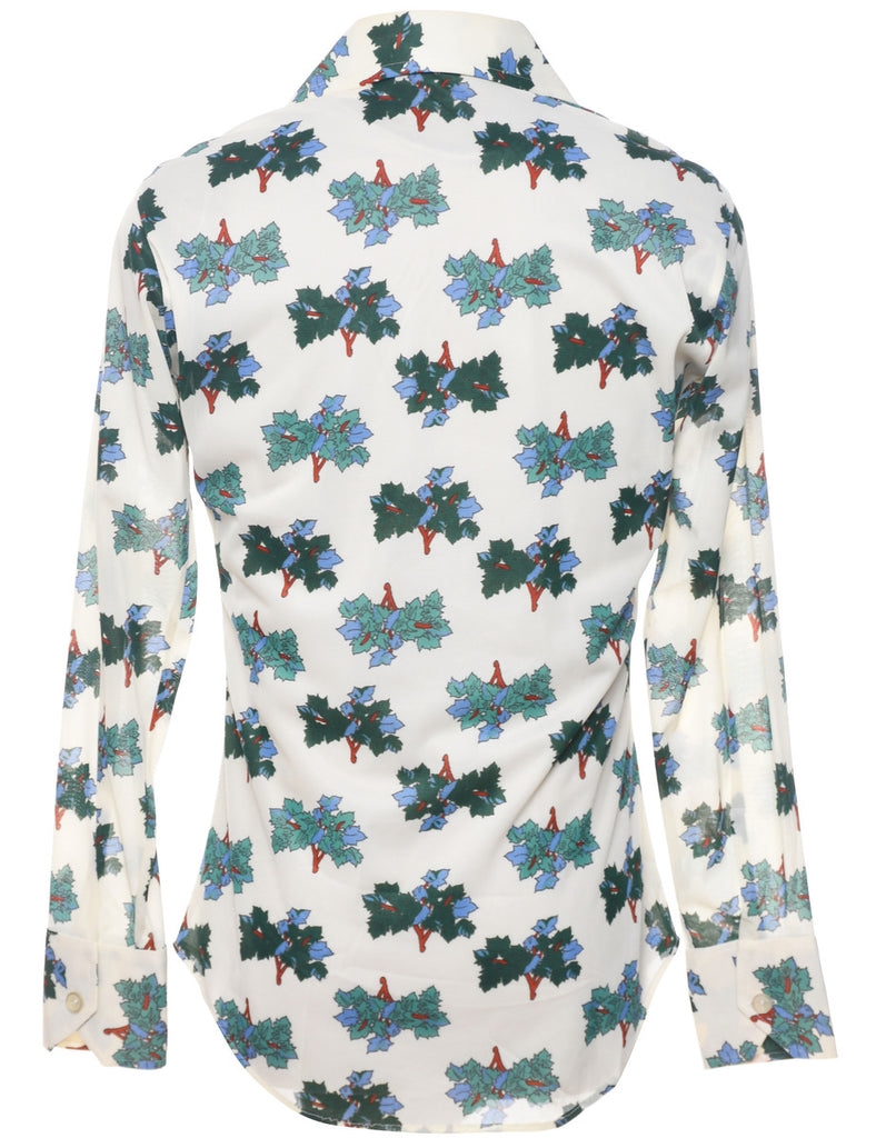 1970s Leafy Print Blue & Off-White Shirt - S