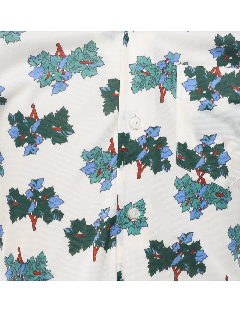 1970s Leafy Print Blue & Off-White Shirt - S