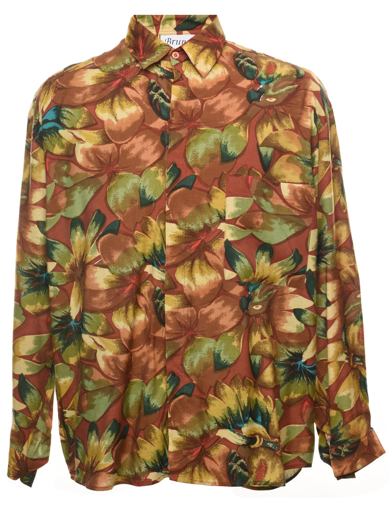 1990s Brown & Green Floral Shirt - L