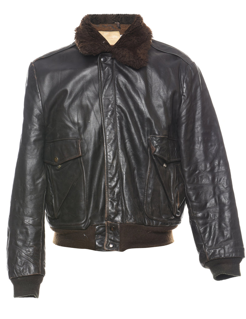 Black & Brown Zip-Front Leather Flight Jacket - M