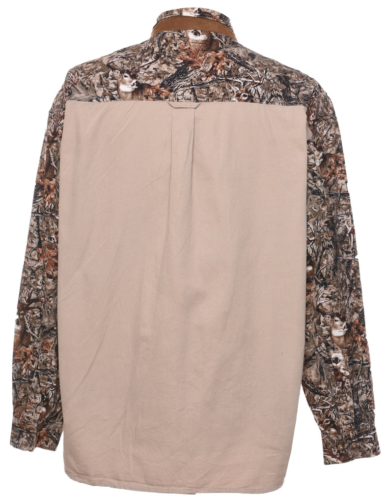 Camouflage Print & Beige Contrast Denim Shirt - L