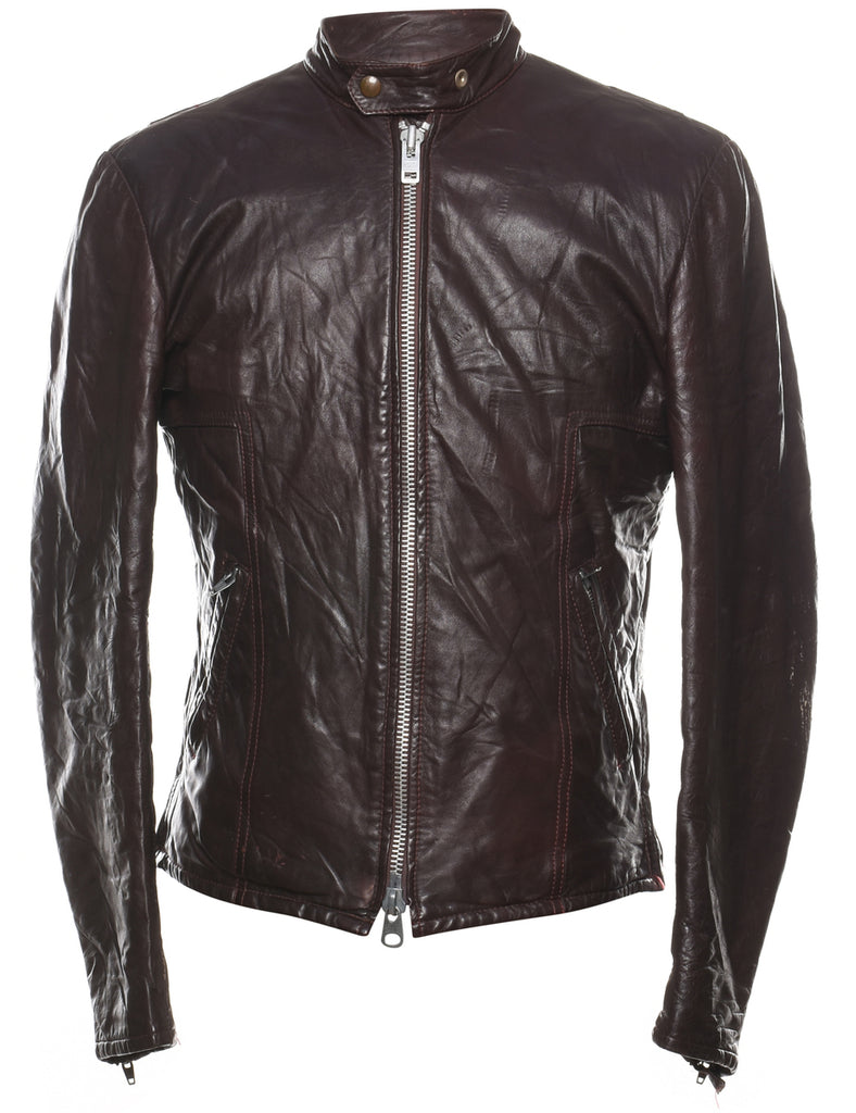 Dark Brown Tailored Zip-Front Leather Jacket - M