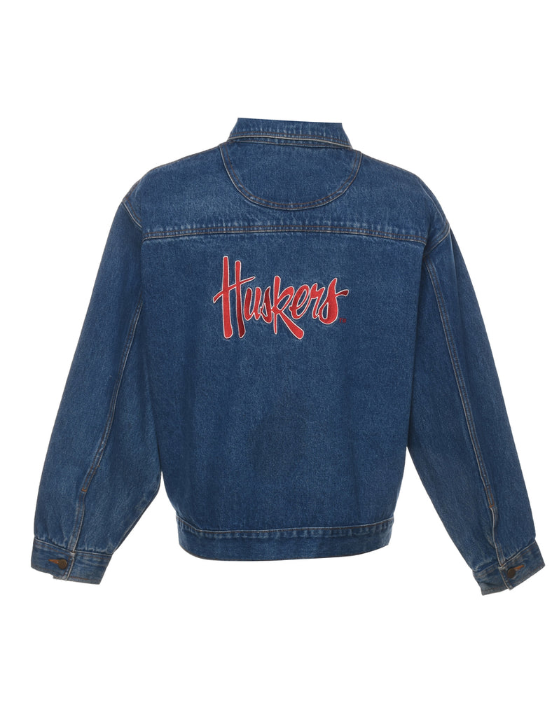 Embroidered Huskers Dark Wash Denim Jacket - L