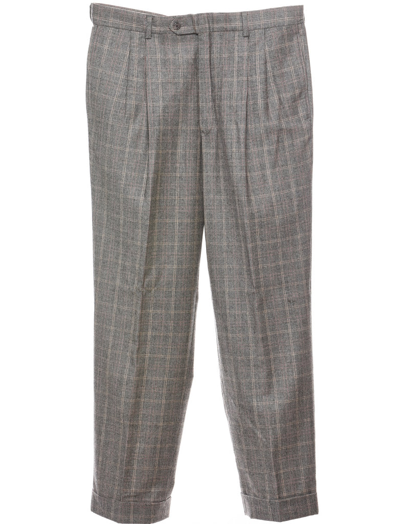 Grey Pleated Checked Pattern Trousers - W36 L31