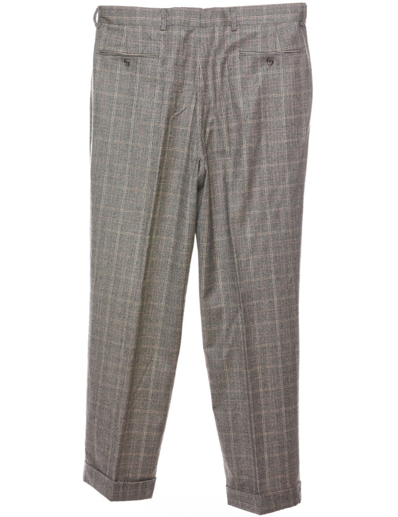 Grey Pleated Checked Pattern Trousers - W36 L31