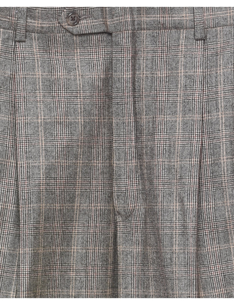 Grey Pleated Checked Pattern Trousers - W36 L31