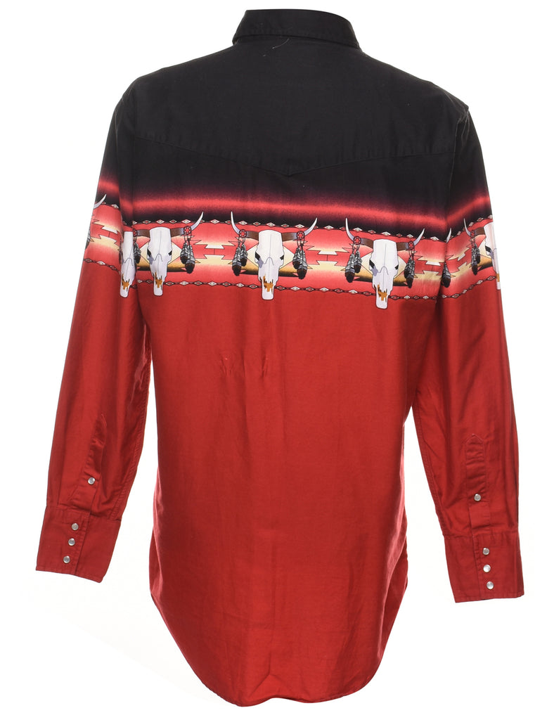 Long Sleeved Black & Red Skull Design Western Shirt - L