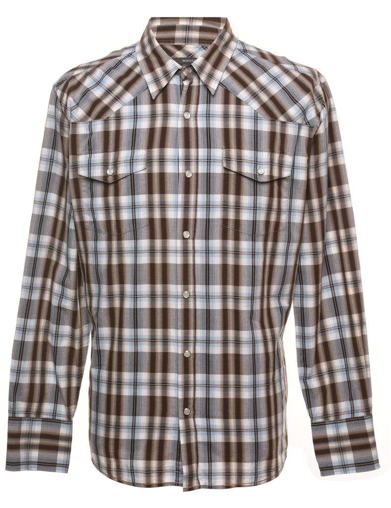 Long Sleeved Checked Light Blue & Brown Western Style Shirt - L