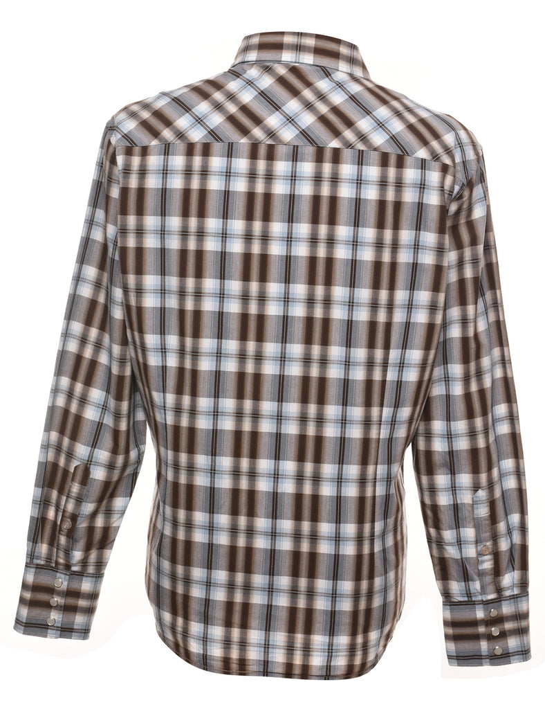 Long Sleeved Checked Light Blue & Brown Western Style Shirt - L