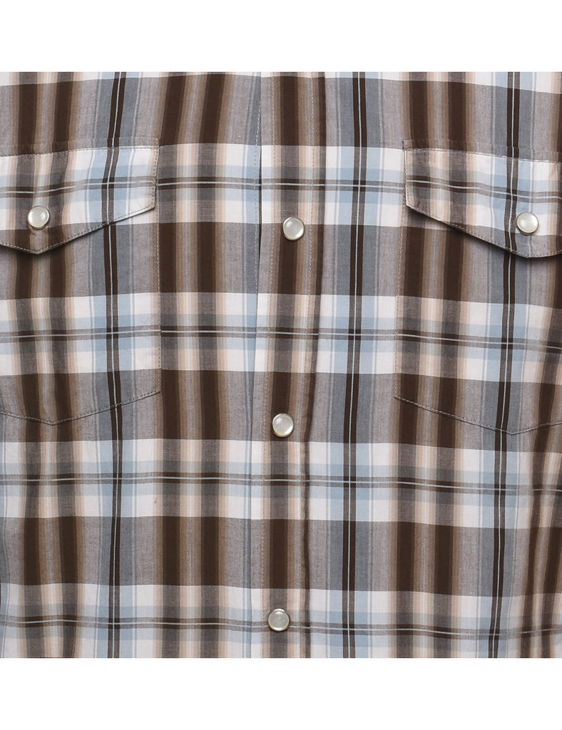 Long Sleeved Checked Light Blue & Brown Western Style Shirt - L
