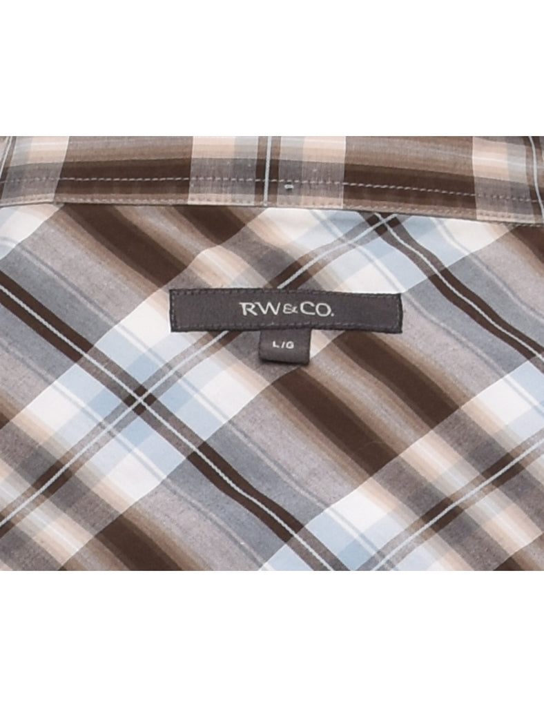Long Sleeved Checked Light Blue & Brown Western Style Shirt - L
