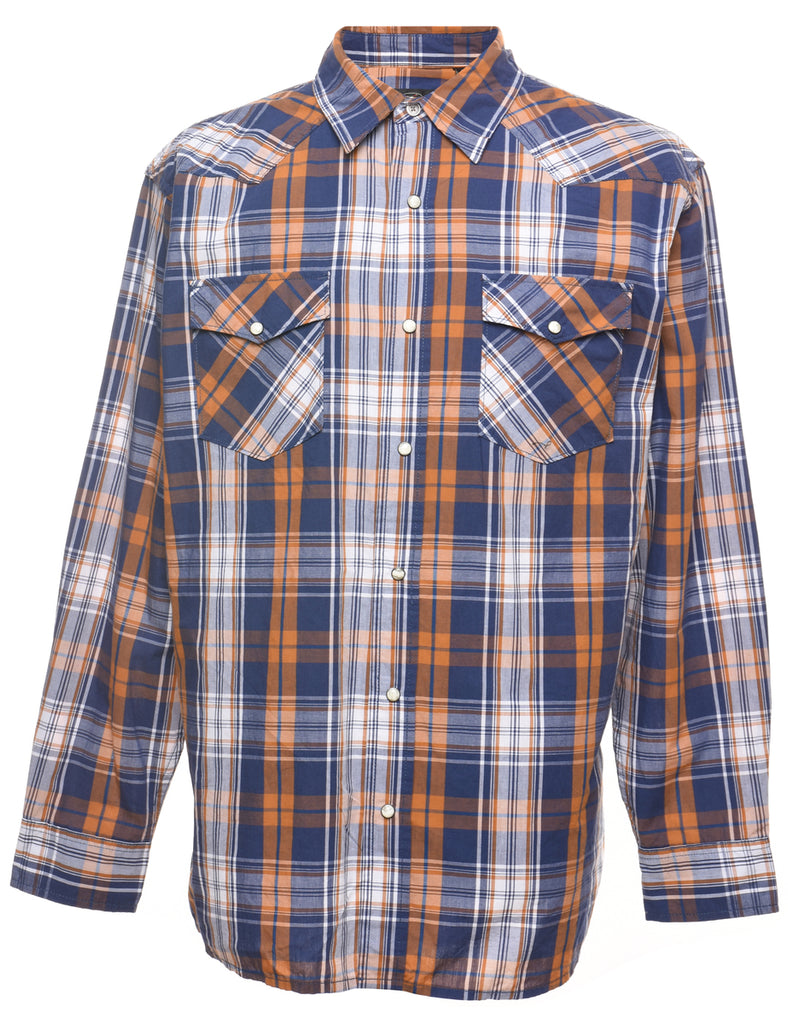Long-Sleeved Orange & Navy Checked Shirt - L