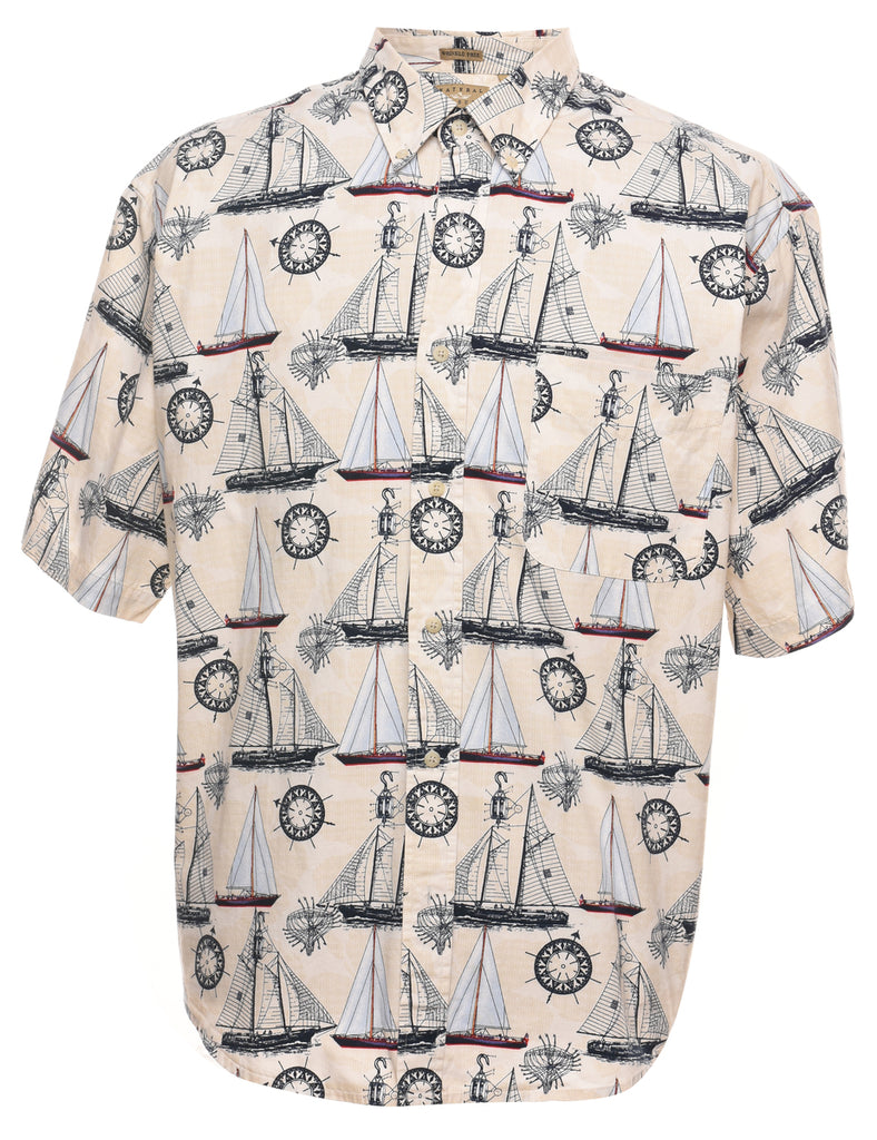 Nautical Short Sleeved Pale Yellow Illustrative Design Shirt - XL