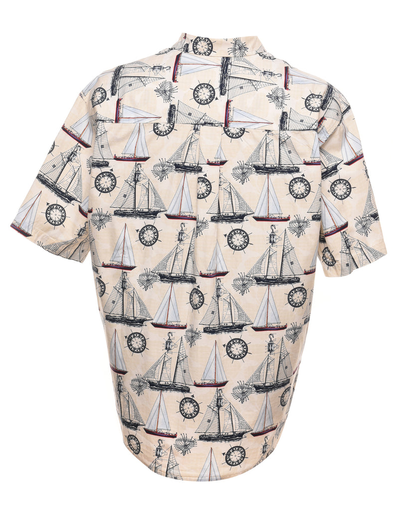 Nautical Short Sleeved Pale Yellow Illustrative Design Shirt - XL