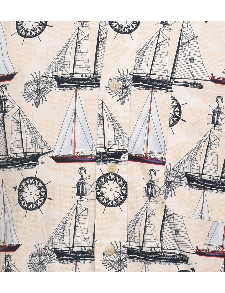 Nautical Short Sleeved Pale Yellow Illustrative Design Shirt - XL