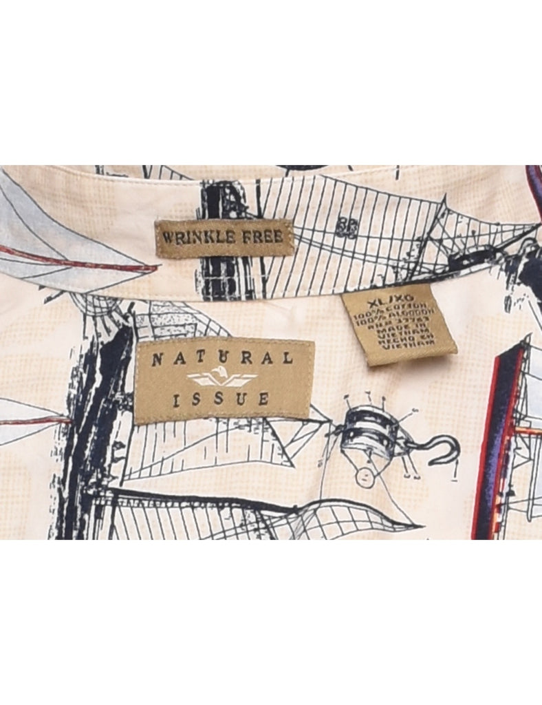 Nautical Short Sleeved Pale Yellow Illustrative Design Shirt - XL