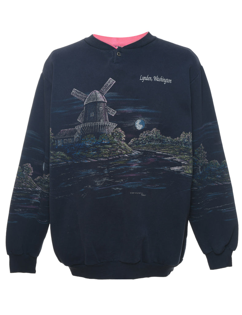 Navy Landscape Design Printed Sweatshirt - XL
