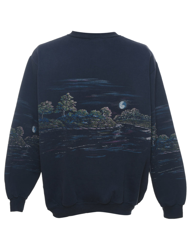 Navy Landscape Design Printed Sweatshirt - XL