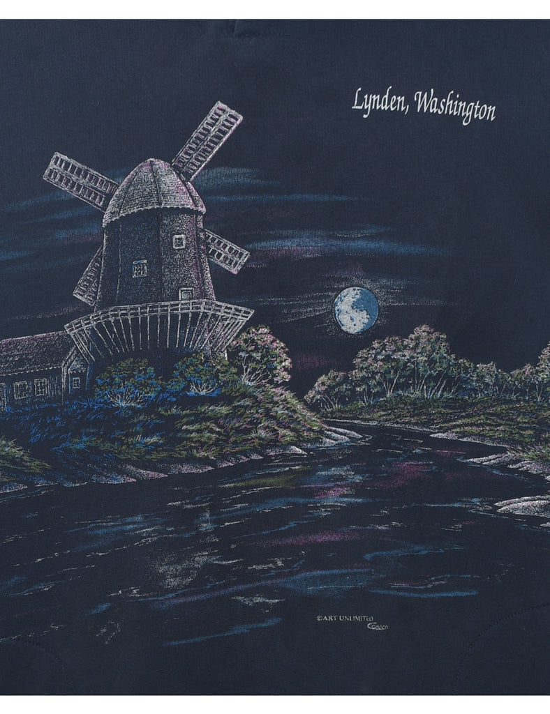 Navy Landscape Design Printed Sweatshirt - XL