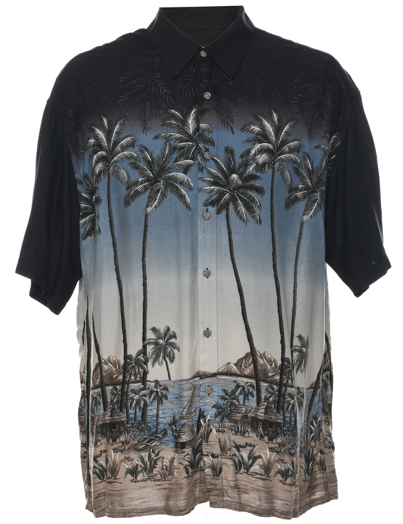 Pacific Islander Hut and Surf Shack Print Pierre Cardin Hawaiian Shirt - XL