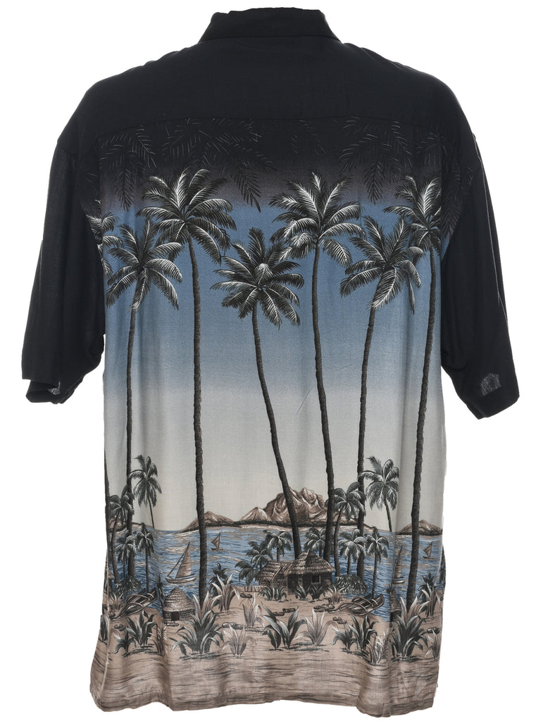 Pacific Islander Hut and Surf Shack Print Pierre Cardin Hawaiian Shirt - XL