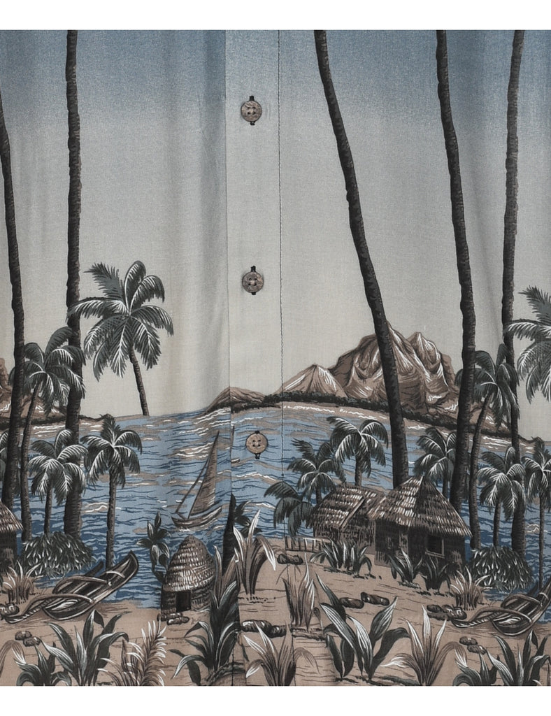 Pacific Islander Hut and Surf Shack Print Pierre Cardin Hawaiian Shirt - XL