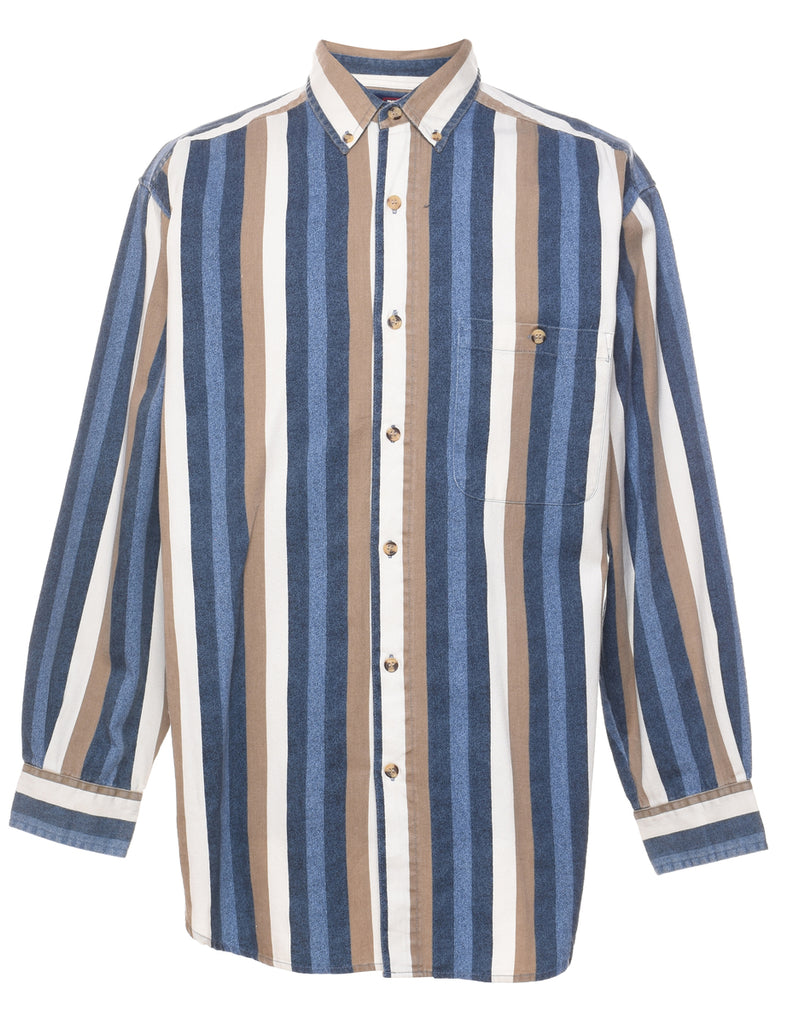 Striped Light Brown & Blue Denim Shirt - L