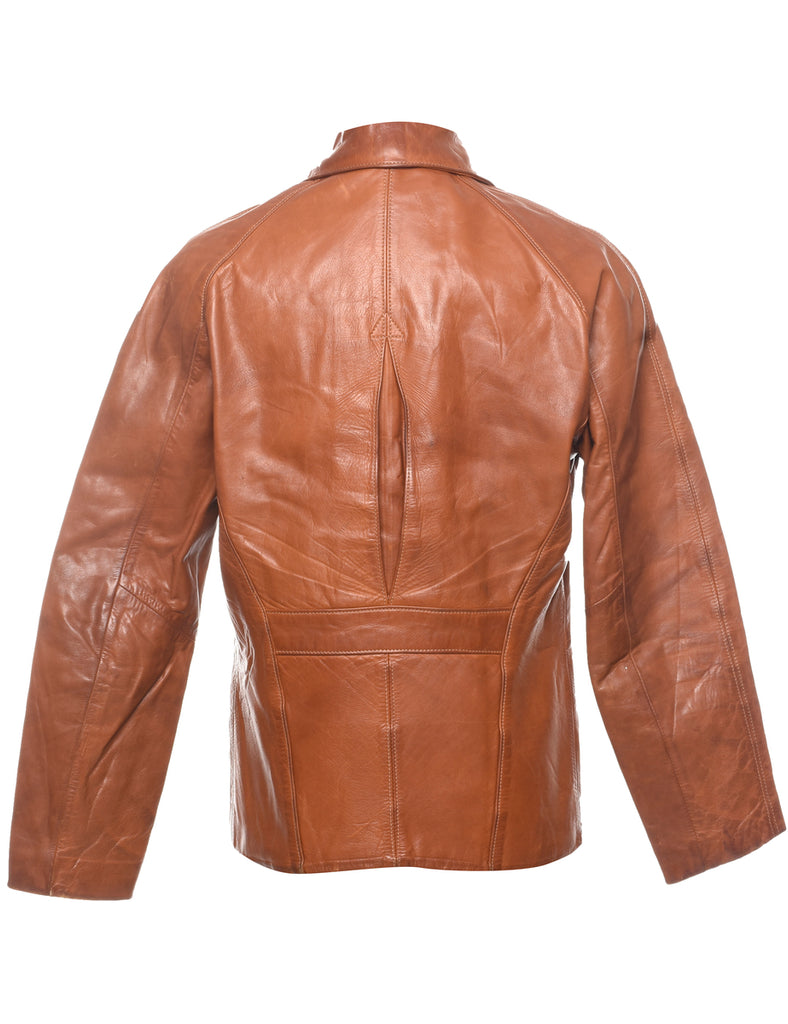 Tan Zip-Front Leather Jacket - S