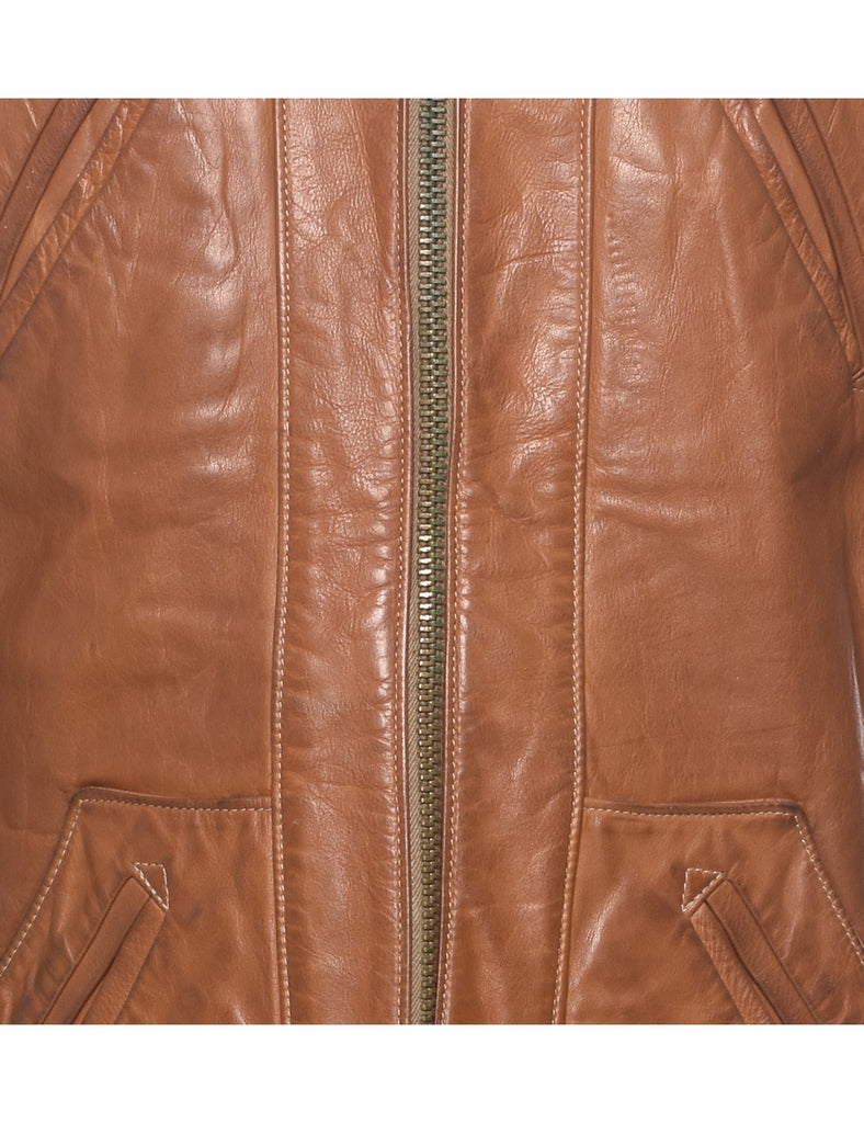 Tan Zip-Front Leather Jacket - S