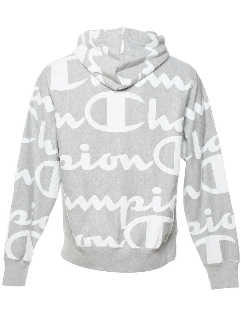 Champion Marl Grey & White Printed Hoodie - L