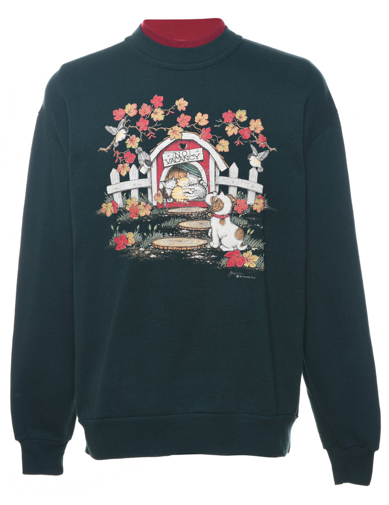 Dark Green A Puppy And Kitten Animal 1990s Sweatshirt - L