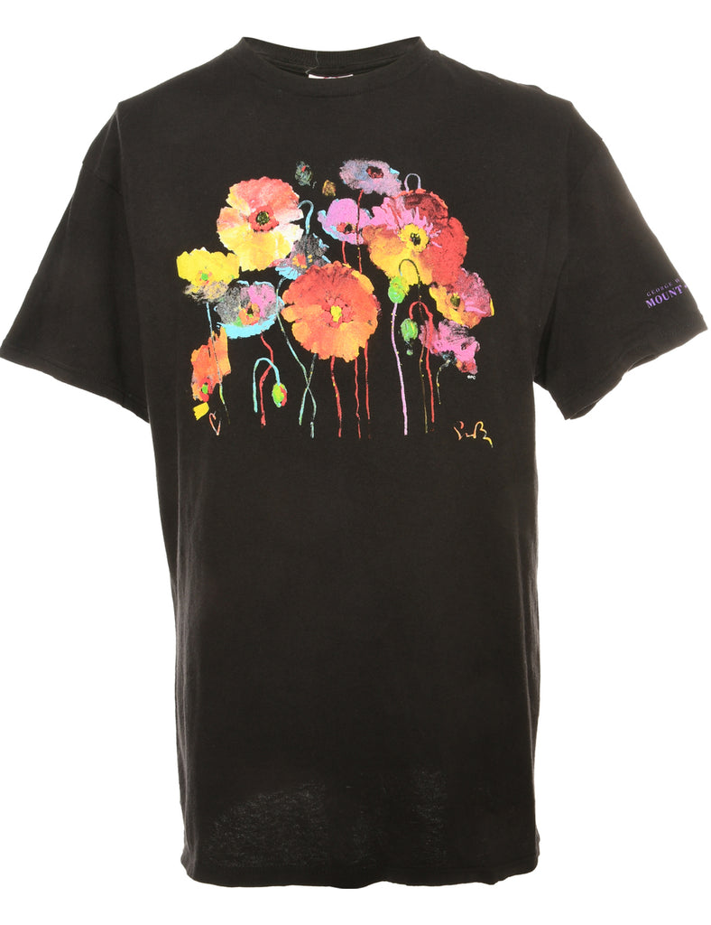 Floral Black Printed T-shirt - L