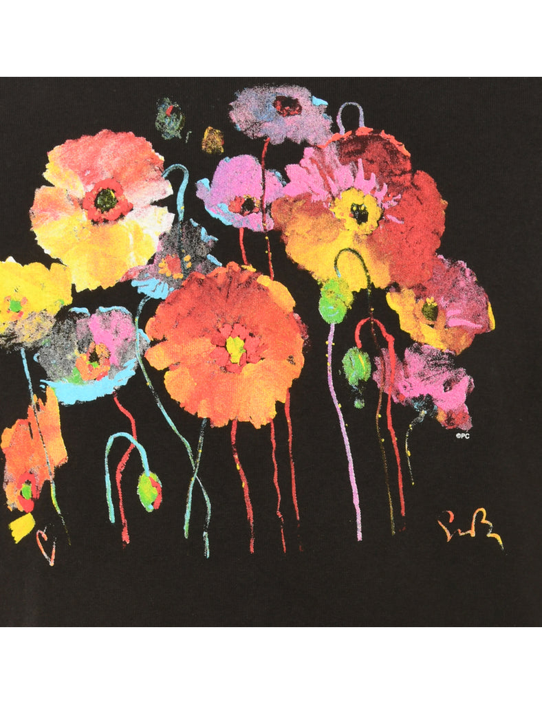 Floral Black Printed T-shirt - L