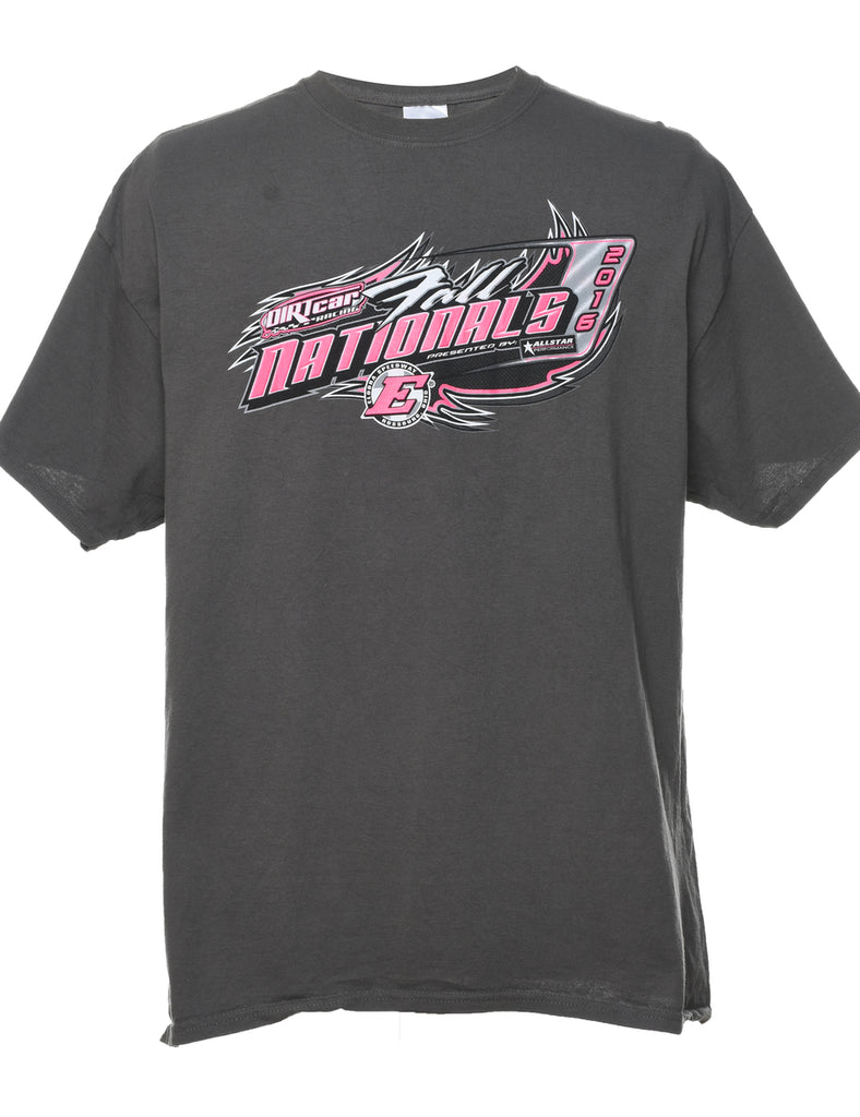 Grey & Pink Car Design Printed Racing T-shirt - XL