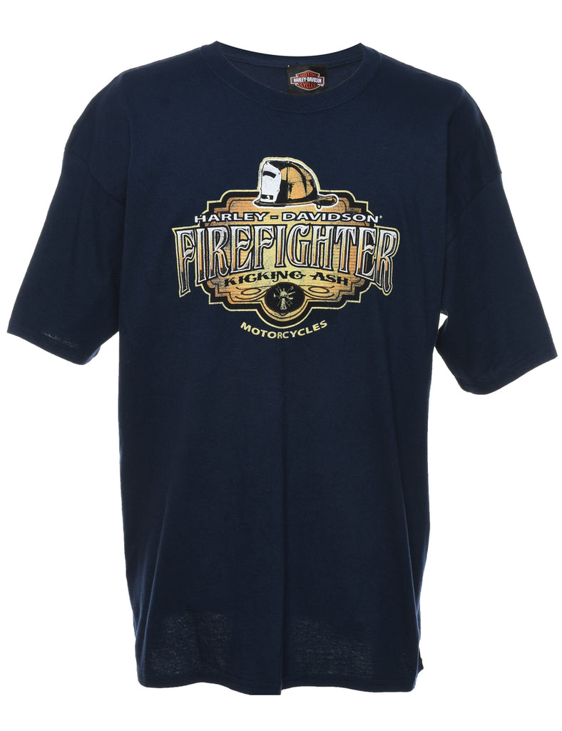 Harley Davidson Fire Fighter Kicking Ash Printed T-shirt - XL