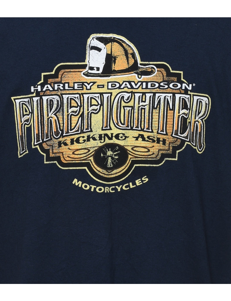 Harley Davidson Fire Fighter Kicking Ash Printed T-shirt - XL