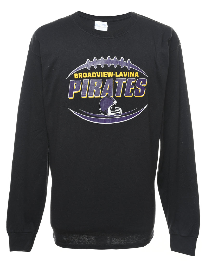 Long Sleeved Black, Purple & Yellow Pirates Design Printed T-shirt - L