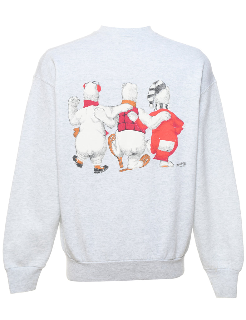 Marl Grey Polar Bear Design 1990s Cartoon Sweatshirt - L