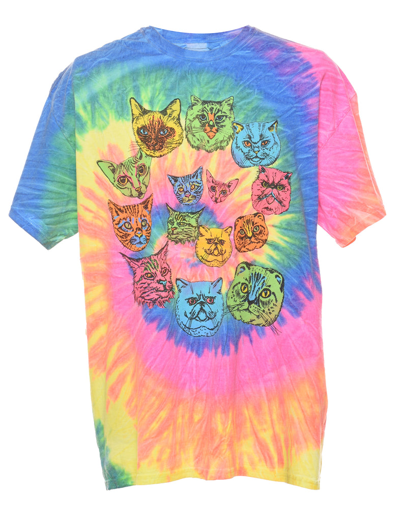 Multi-colour Tie Dye Design Cat T-shirt - XL