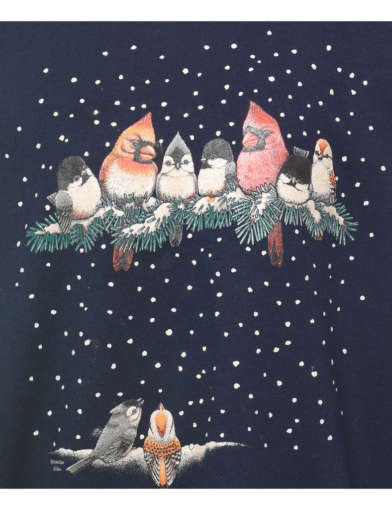 Navy Christmas Bird Design Sweatshirt - L