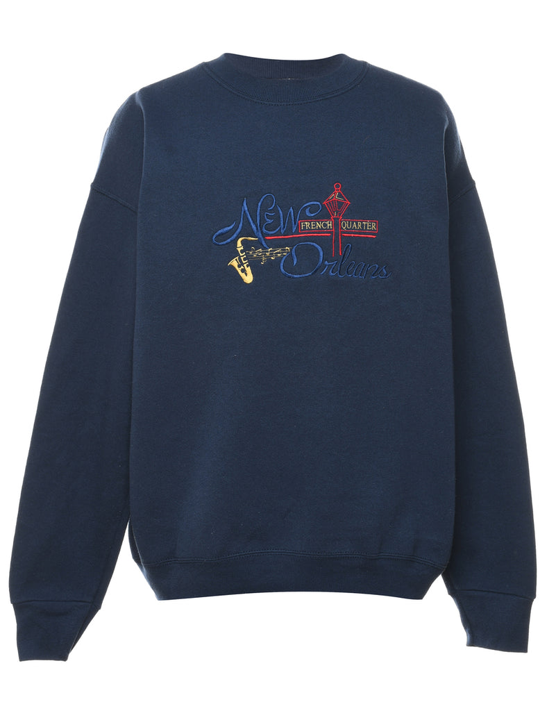 Navy Round Neck Embroidered Sweatshirt - L