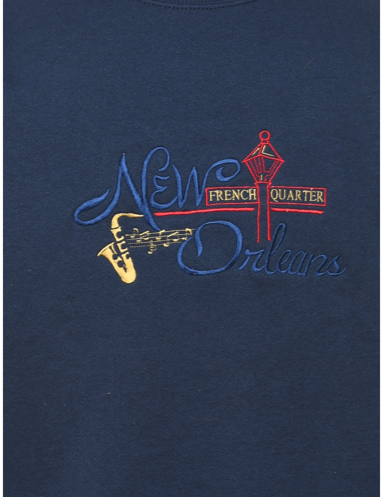 Navy Round Neck Embroidered Sweatshirt - L