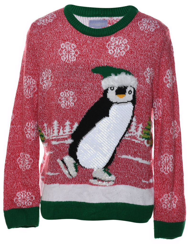 Penguin Design Red & Green Christmas Jumper - M