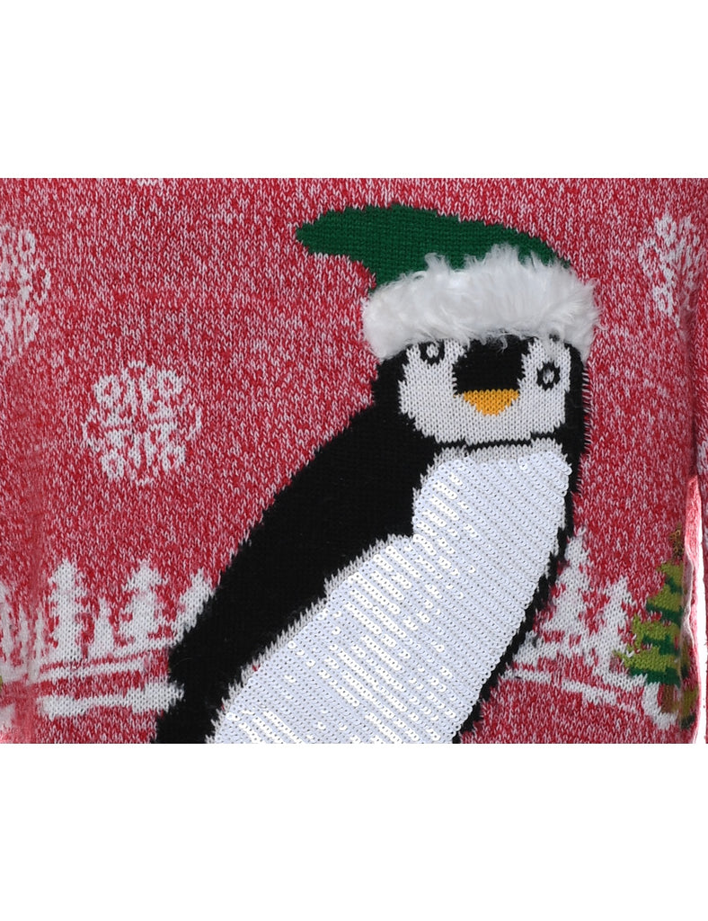 Penguin Design Red & Green Christmas Jumper - M