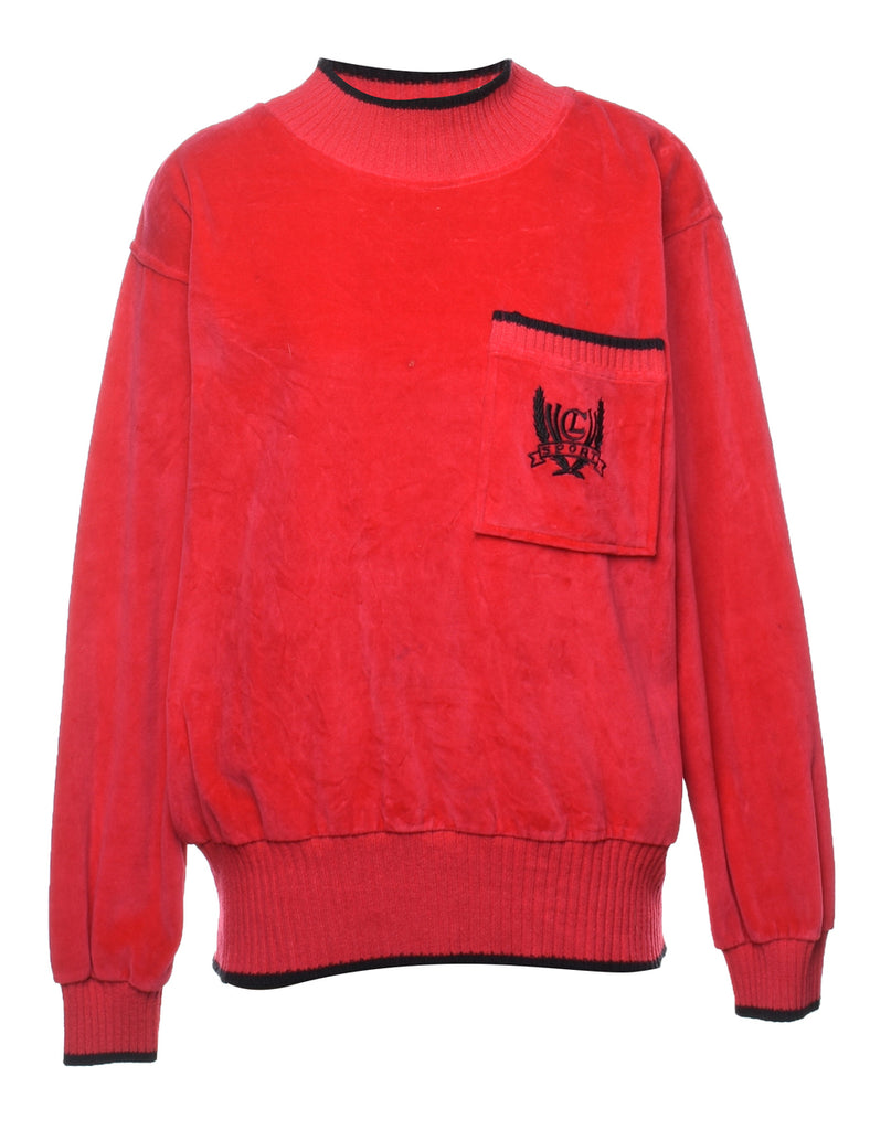 Red & Black Embroidered High Neck Velour Plain Sweatshirt - M