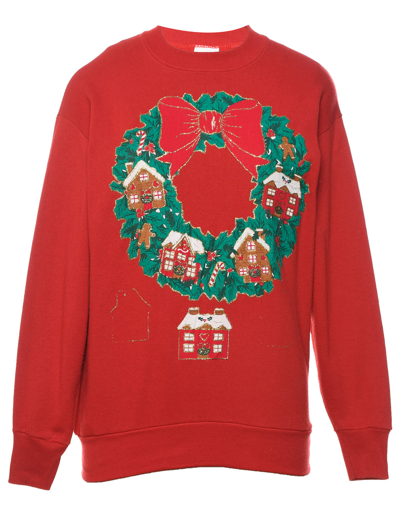 Red Sparkly Wreath Christmas Sweatshirt - L