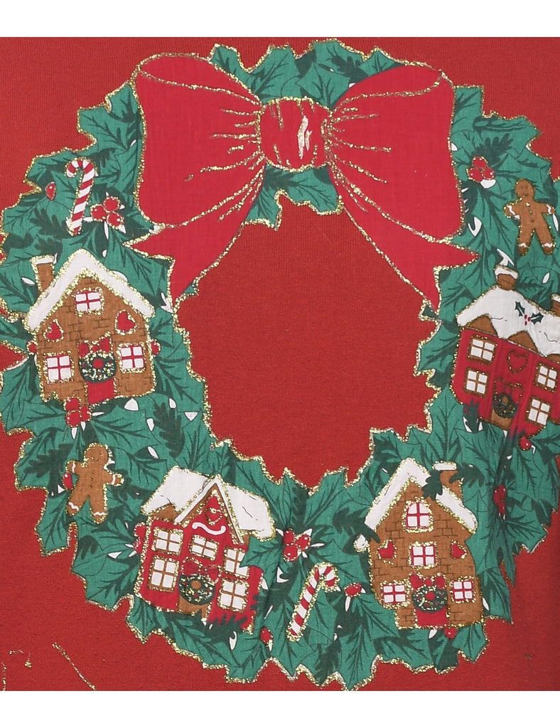 Red Sparkly Wreath Christmas Sweatshirt - L