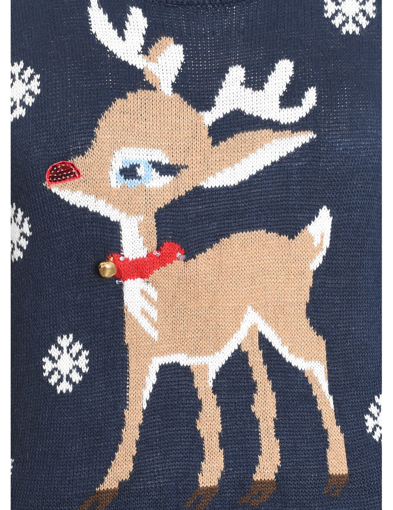 Reindeer Design Navy & White Knit Christmas Jumper - S