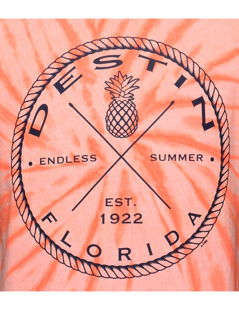 Tie Dye Design Orange & White Destin Printed T-shirt - M